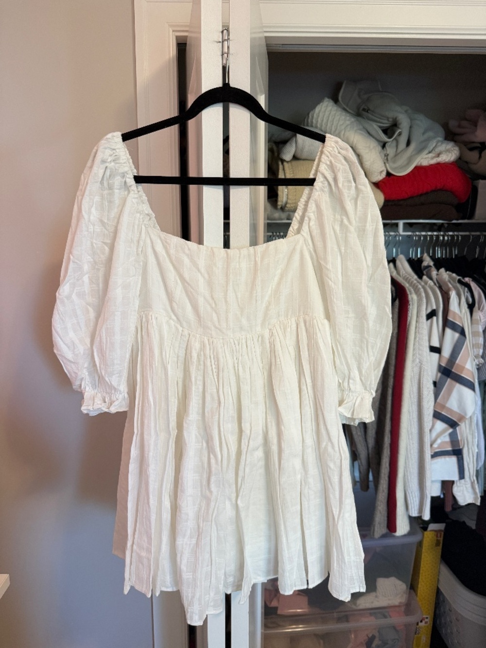 White Puff Sleeve Dress with Plaid Pattern